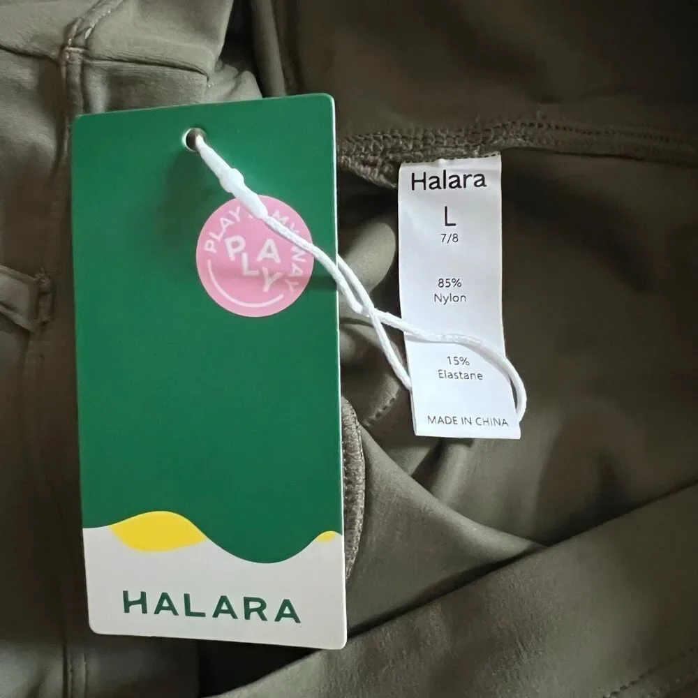 Halara Army Green High Waisted 7/8 Leggings Back Pockets Workout Yoga L NWT